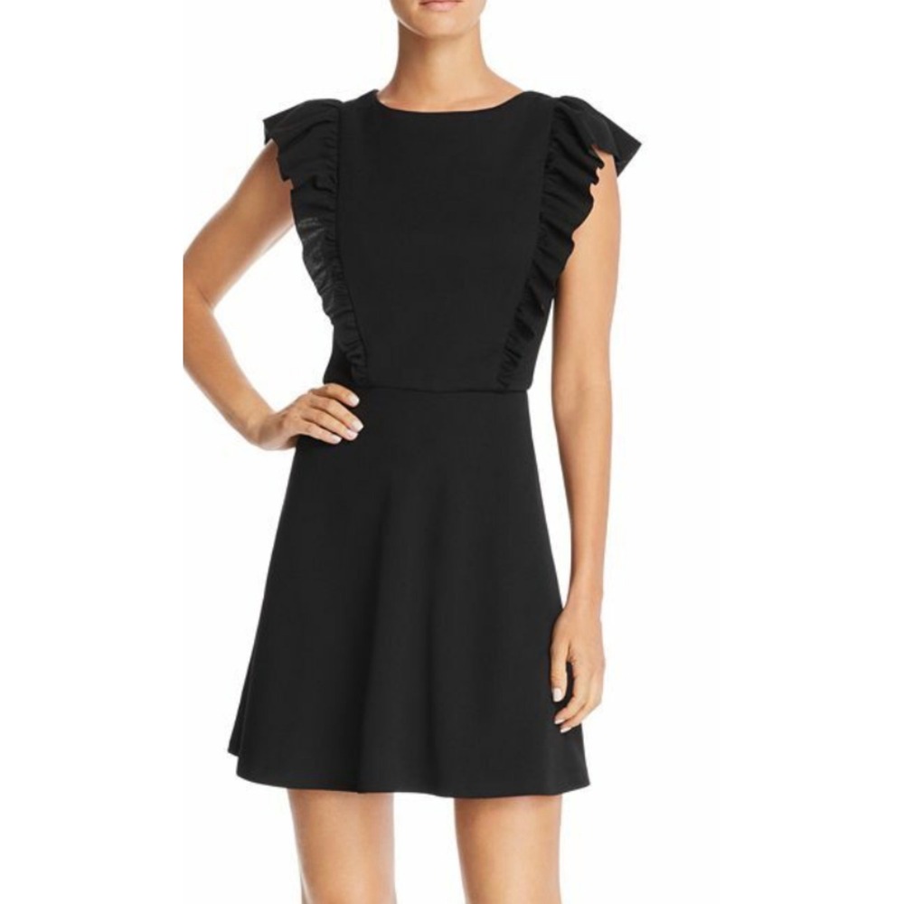 AQUA Ruffle Trim Fit and Flare Dress Womens Large Black Coquette Crepe W0-6673